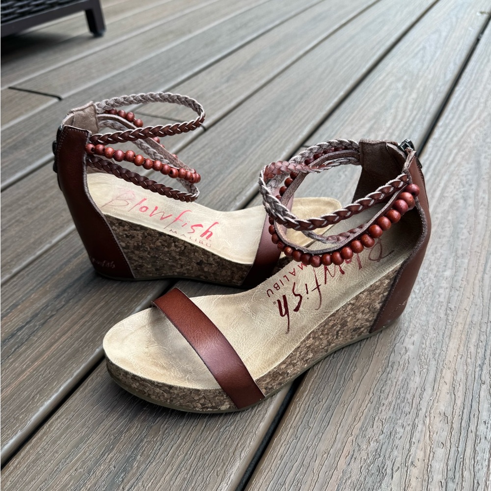 Blowfish Brown Beaded Braided Wedge Sandals